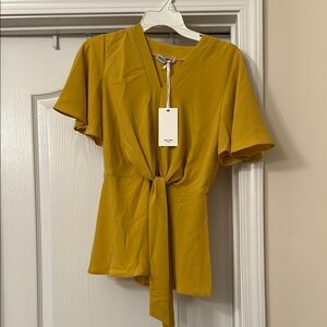 Grace Karin Mustard Yellow Flutter Sleeve Tie-Front Blouse